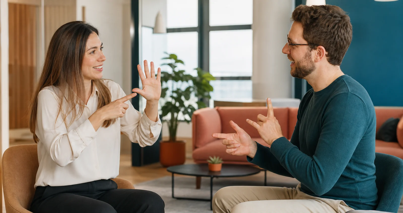 Zwei Kollegen sprechen im Büro mit Deutschen Gebärden
